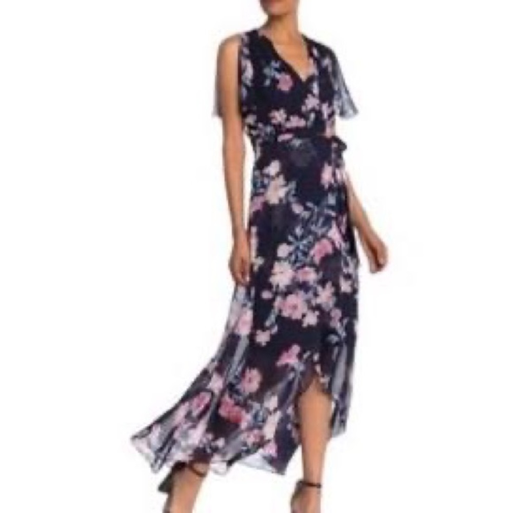 Eliza J Navy and Pink Floral High Low Wrap Split Sleeve
